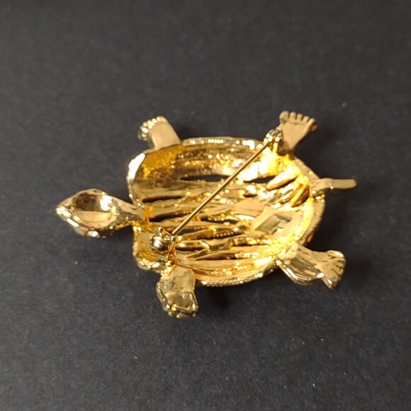 Very Awesome Gold Tone Turtle Brooch With Clear Stones - Picture 6 of 11